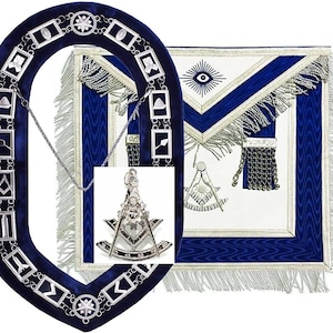 Masonic Regalia Past Master / worshipful master Blue Lodge Officer Apron Handmade and chain collar with Jewel Silver
