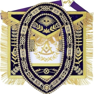 Masonic Grand Lodge Past Master Apron & Gold Chain Collar with Rhinestones – Purple Velvet Backing | Gift for Him