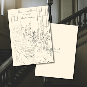 May include: Cream-colored wedding invitation with a black line drawing of a table setting with floral arrangements and glassware. The text "Save our Date" and the date "09.28.2027" are at the top, with the names "John & Amber" below. A second card is visible.