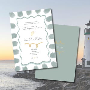 Könnte beinhalten: Hochzeitseinladung mit weißem Hintergrund, hellblauem Rand und Pinselstrich-Akzenten. Die Einladung enthält die Namen Elizabeth James und Nicholas Parker, das Hochzeitsdatum und den Ort. Eine zweite Karte ist ebenfalls sichtbar.