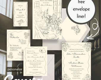 Op de afbeelding: Een verzameling trouwbriefpapier met een minimalistisch ontwerp. De set bevat uitnodigingen, RSVP-kaarten en detailkaarten, allemaal met delicate bloemenillustraties en handschriftachtige lettertypen. De tekst "Save our Date" en "free envelope liner!" zijn zichtbaar.