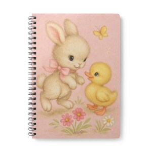 Lindo cuaderno A5 con diseño de animales, encuadernado en espiral, con diseño de conejo y pato, perfecto para diario, regalos para niños, papelería, primavera y Pascua.