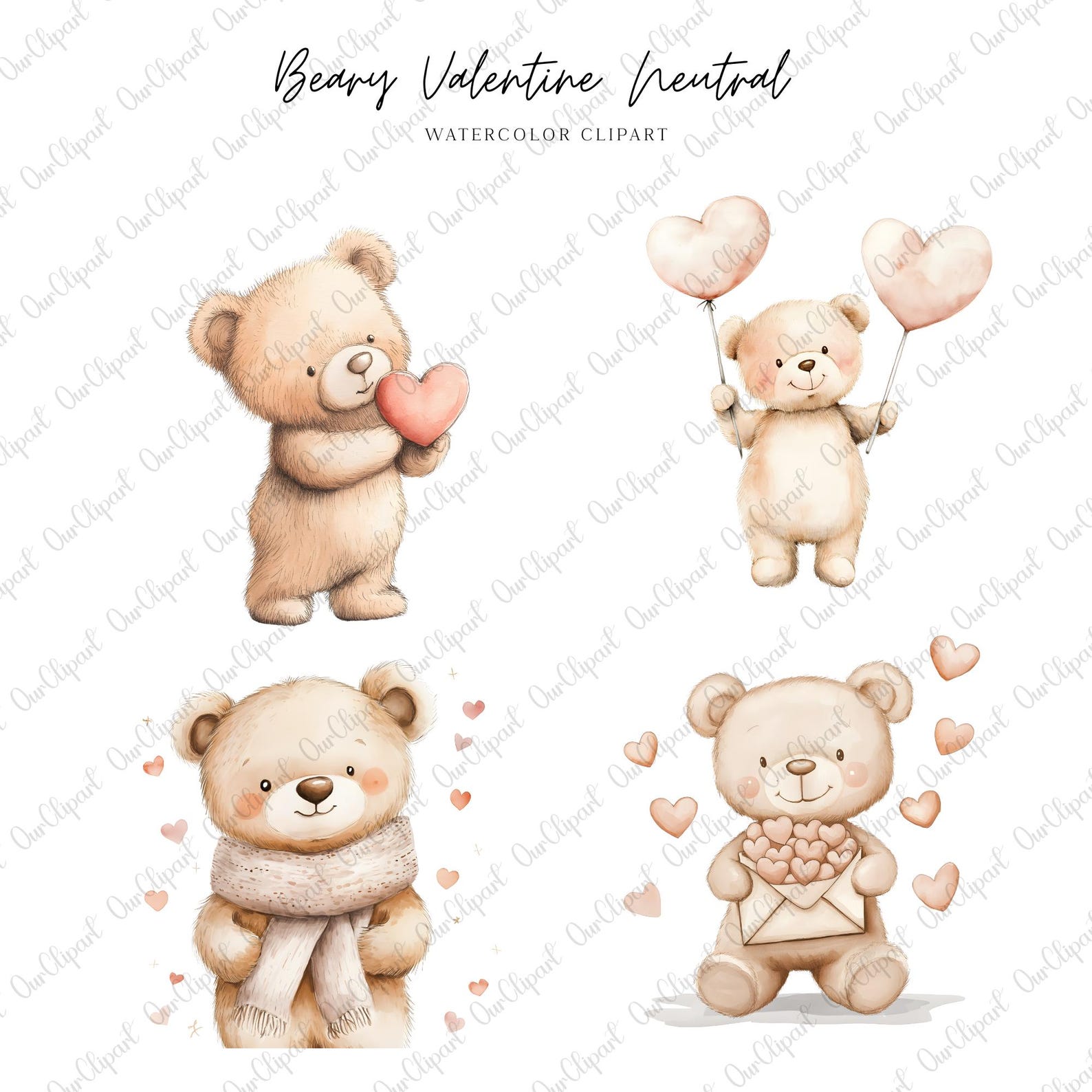 Valentine Teddy Bear Clipart Bundle – Heart Balloons & Watercolor Bears ...