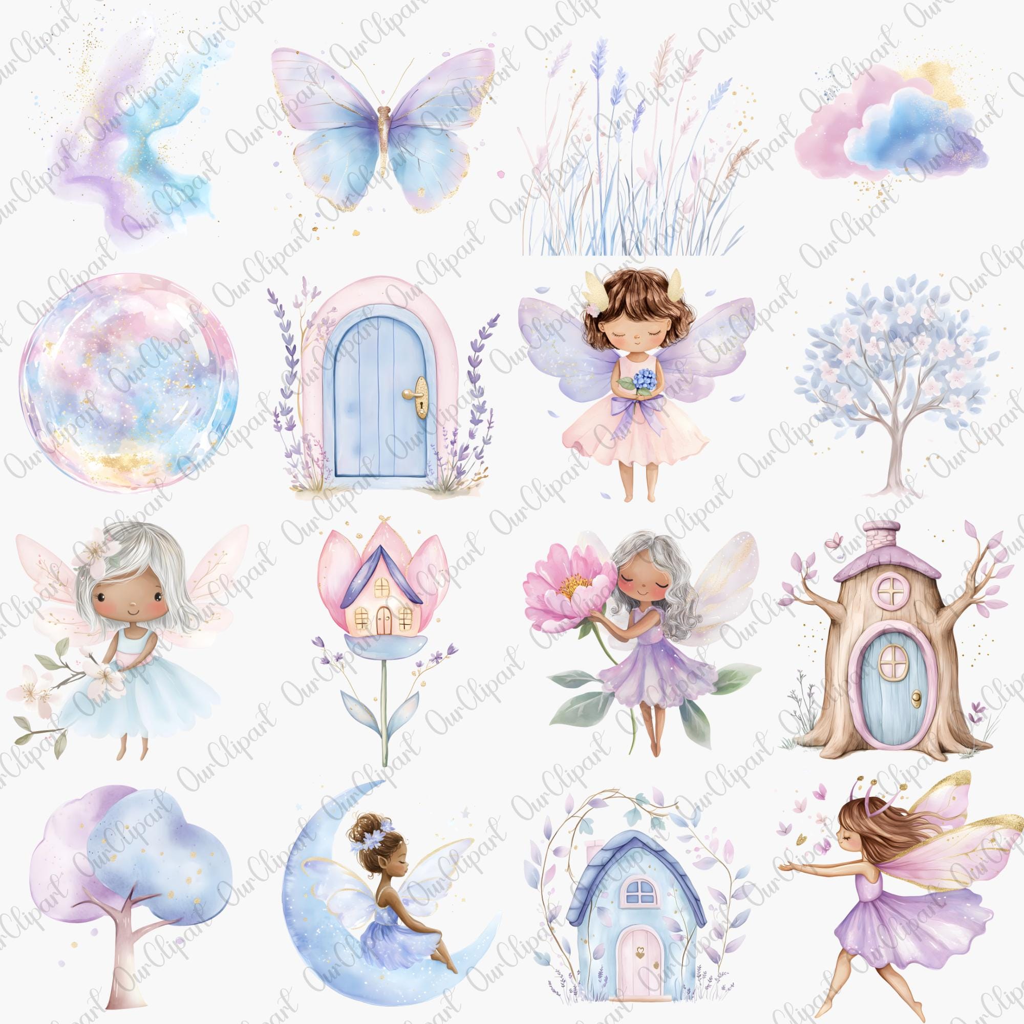 Fairy Garden Clipart PNG Bundle, Purple Watercolor Fairies and Fairy ...
