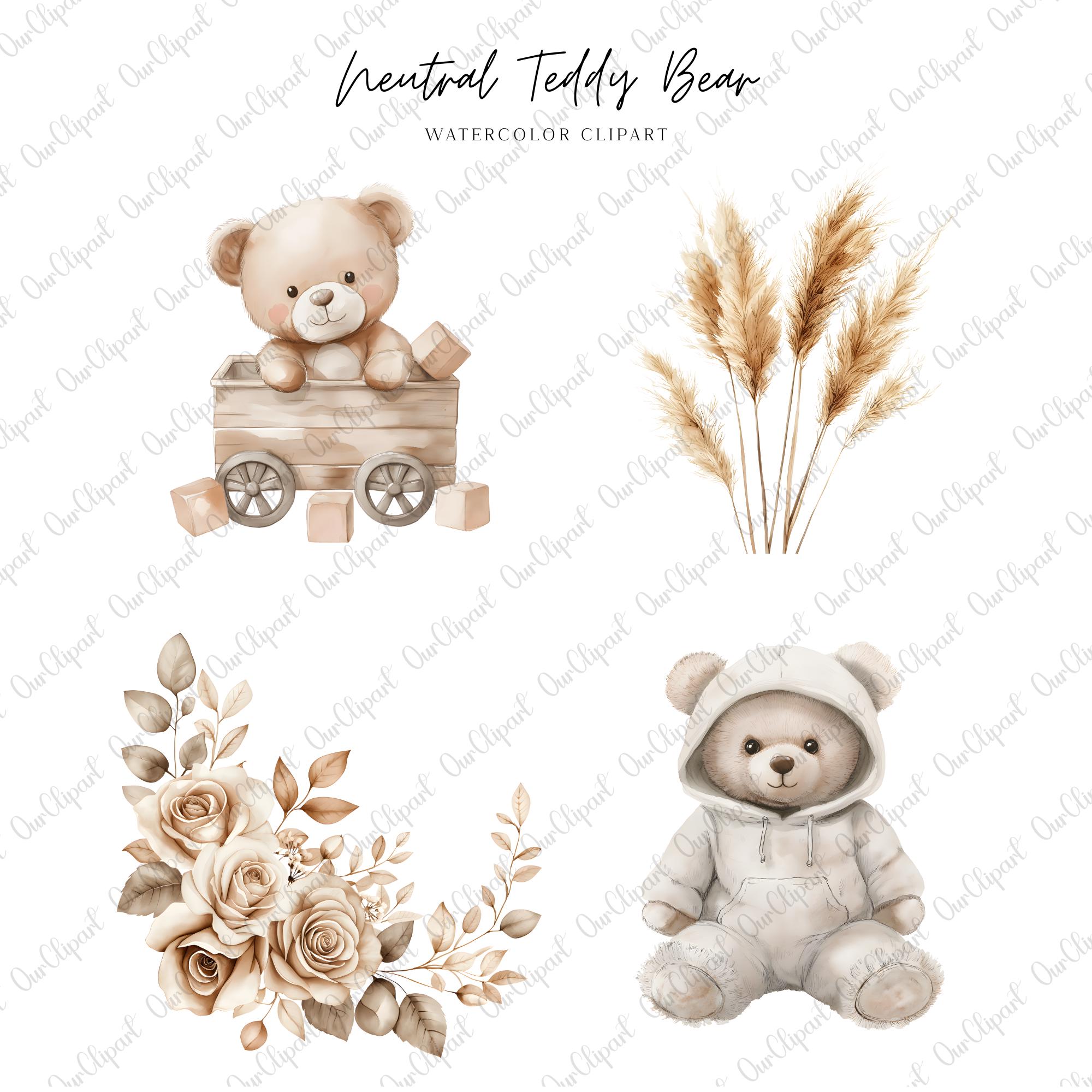 Neutral Teddy Bear Clipart Bundle, Boho Baby Bear PNG, Gender Neutral ...