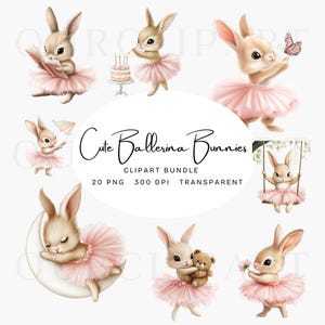 Cute ballerina bunny clipart, png bundle, pink ballerina clipart, bunny ballerina baby shower, scrapbooking, digital download, Nursery art.