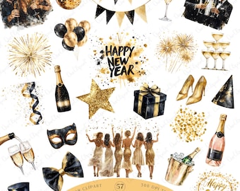 Happy New Year 2025 Clipart, Gold Watercolor Celebration PNG Bundle