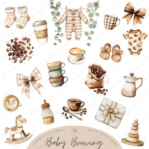 May include: Watercolor clipart featuring baby-themed items and coffee-related elements. Includes baby clothes, shoes, and a rocking horse, alongside coffee cups, beans, and a coffee pot. The text "Baby Brewing" is at the bottom.