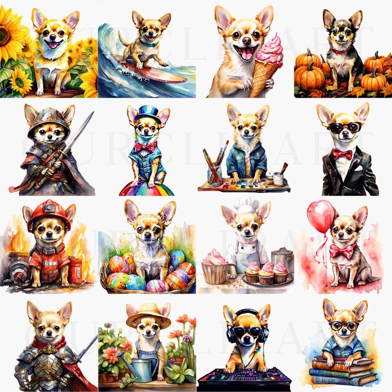 Chihuahua Watercolor Clipart PNG Bundle Funny Dog in Costumes Gift for ...