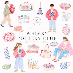 Könnte beinhalten: Eine digitale Sammlung von Aquarellillustrationen mit dem Titel WHIMSY POTTERY CLUB, die Personen, Töpferscheiben, Keramikvasen, Schalen, Tassen, Krüge und Modellierwerkzeuge in rosa, blauen und weißen Mustern zeigt, inklusive 32 Dateien mit 300 DPI.