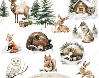 May include: Watercolor clipart featuring a rustic winter woodland theme. Includes illustrations of a deer, fox, bear, owl, squirrel, rabbit, wolf, and a cozy cabin, all set in a snowy landscape. The text "Rustic Winter Woodland" is also included.