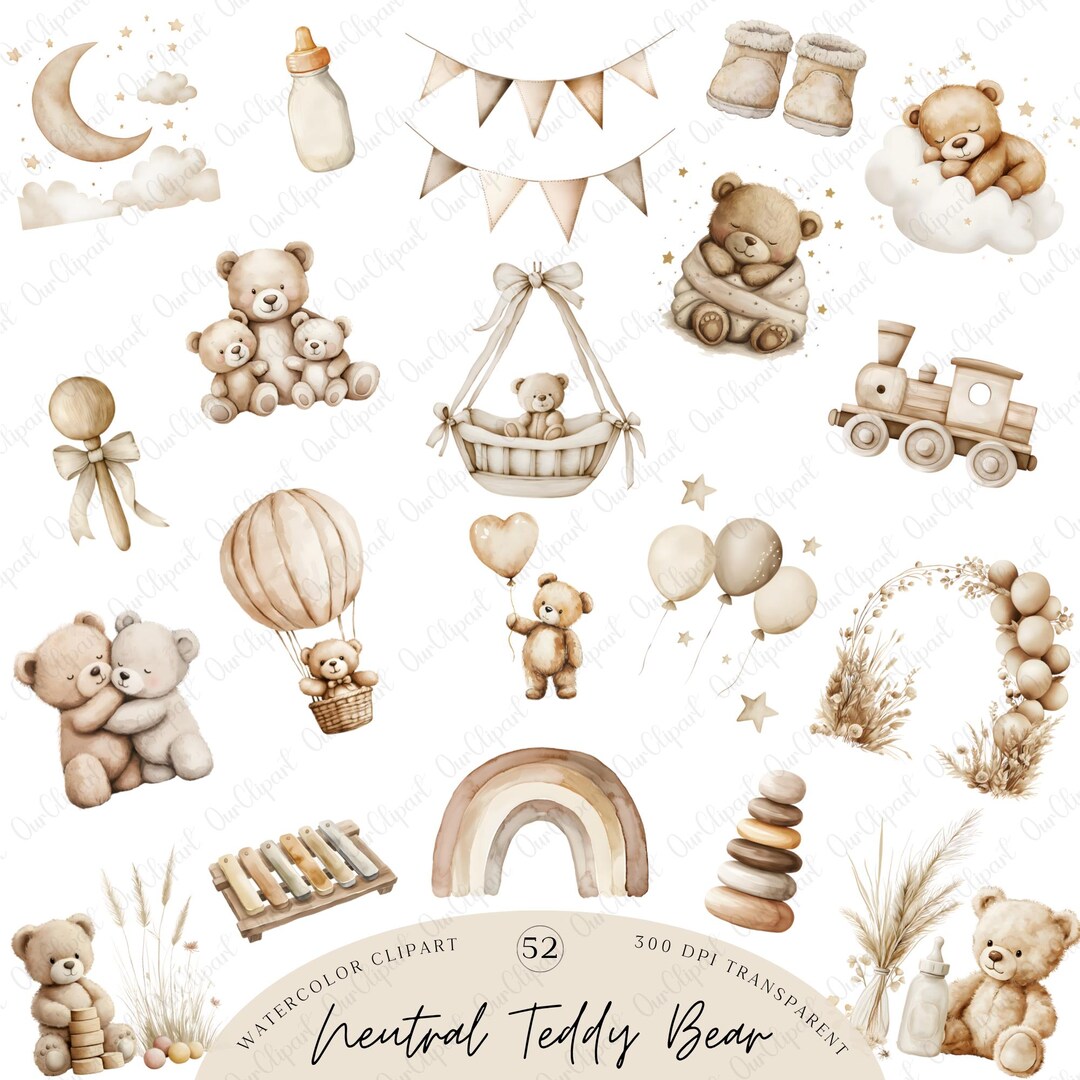 Neutral Teddy Bear Clipart Bundle, Boho Baby Bear PNG, Gender Neutral ...
