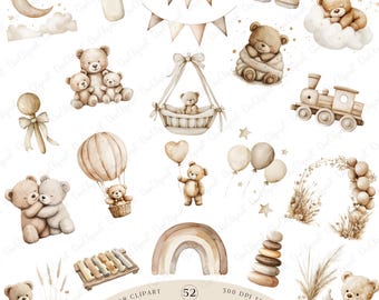 Neutral Teddy Bear Clipart Bundle, Boho Baby Bear PNG, Gender Neutral Nursery Watercolor, Baby Shower Clipart