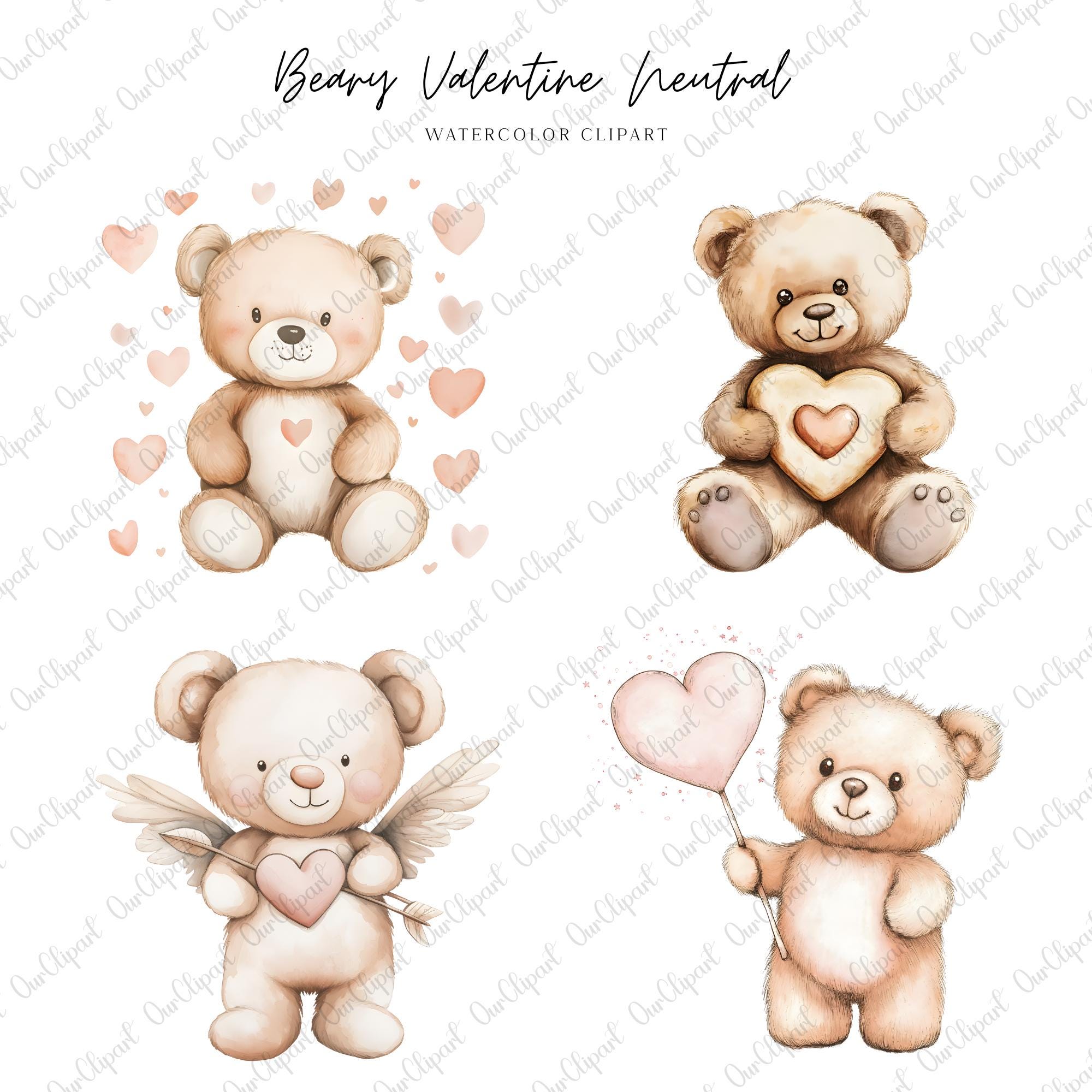Valentine Teddy Bear Clipart Bundle – Heart Balloons & Watercolor Bears ...