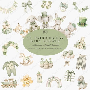 May include: Watercolor clipart bundle for a St. Patrick's Day baby shower. The image features various illustrations, including baby animals, balloons, cupcakes, a rainbow, and blocks. The text reads "ST. PATRICKS DAY BABY SHOWER".