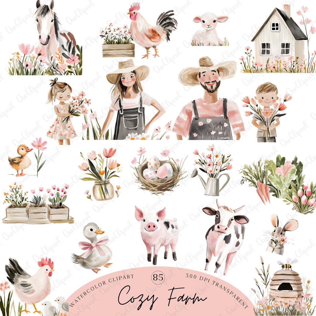 Farm Clipart Bundle – Cute Baby Farm Watercolor PNG - Cozy Cottagecore ...