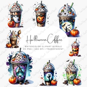 Halloween Coffee Clipart Set Scary Gothic Watercolor Hot Coffee Drink Clipart Bundle Spooky Season PNG Bundle Pumpkin Sublimation Designs