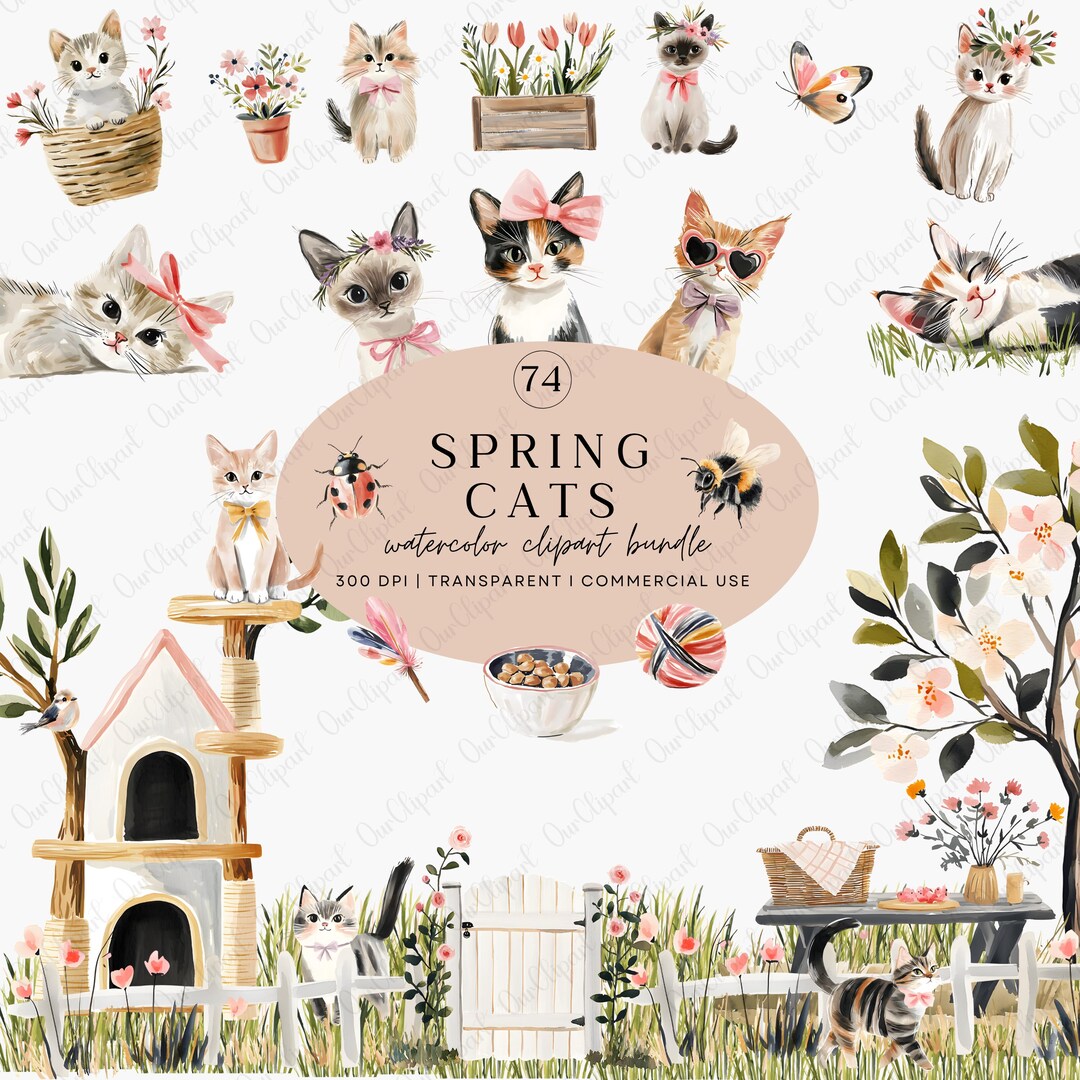 Spring Cats Watercolor Clipart Bundle, Cute Kitten PNG, Floral Cat ...