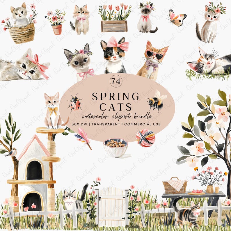 Spring Cats Watercolor Clipart Bundle, Cute Kitten PNG, Floral Cat ...