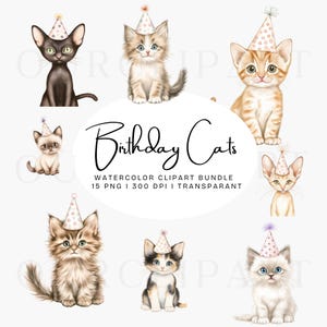 Imágenes prediseñadas de gatos lindos, fiesta de cumpleaños, acuarela, pastel, gatitos de dibujos animados, paquete, PNG, sublimación, invitaciones de cumpleaños, descarga digital