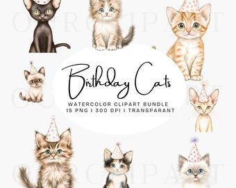 Cute Cats Clipart, Birthday Party, Watercolor, Pastel, Cartoon Kittens, Bundle, PNG, Sublimation, Birthday Invitations, Digital download