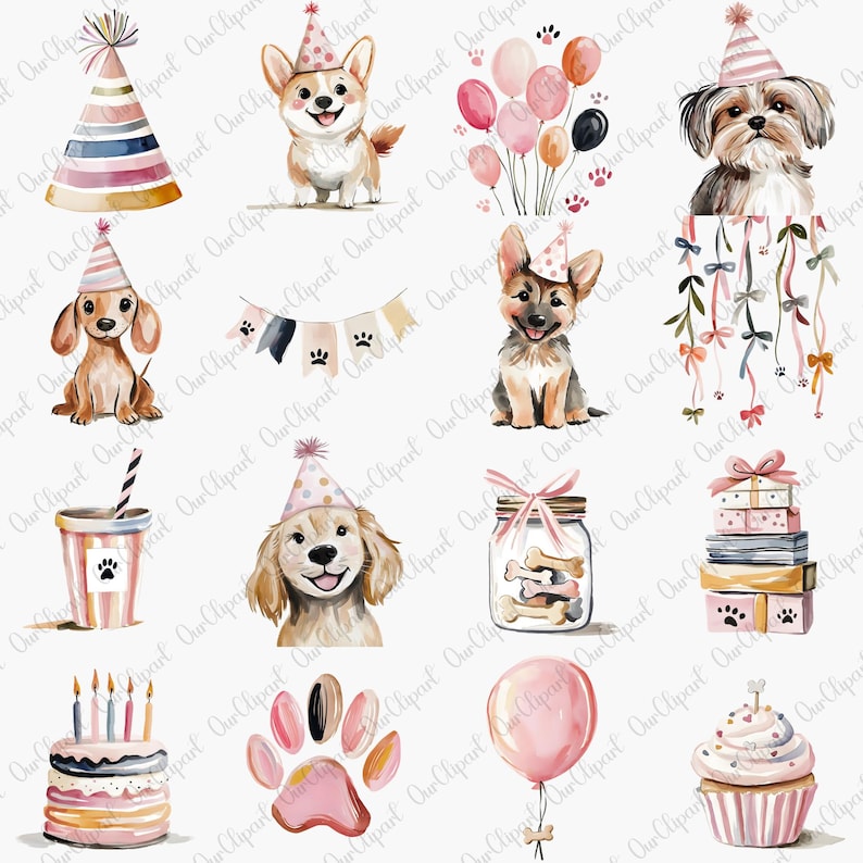 Dog Pawty Birthday Clipart Bundle – Cute Watercolor Dogs PNG, Party ...