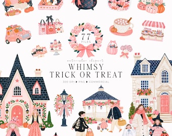 May include: A digital collection of watercolor clipart featuring Halloween-themed illustrations including a pink taxi, a black cauldron, pumpkins, candy, a wreath, houses, and people in costumes with the text Whimsy Trick or Treat 77 Files.