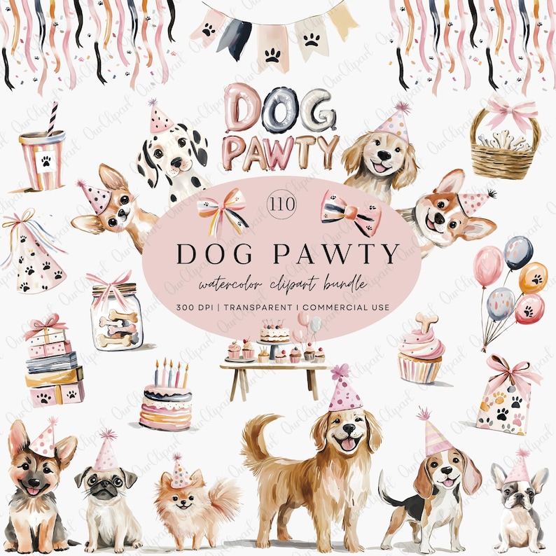 Dog Pawty Birthday Clipart Bundle – Cute Watercolor Dogs PNG, Party ...