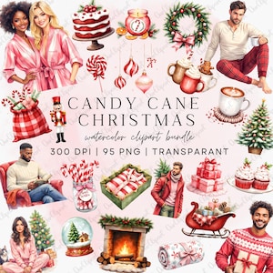 May include: A watercolor clipart bundle with a Christmas theme. The image features various festive elements like candy canes, a cake, ornaments, a wreath, and people in pajamas. Text reads "CANDY CANE CHRISTMAS watercolor clipart bundle".