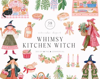 May include: A digital collection of 58 watercolor clipart files titled WHIMSY KITCHEN WITCH, featuring illustrations of witches in hats, hanging herbs, kitchen shelves, baskets of mushrooms, jars, candles, and baking supplies in various colors.