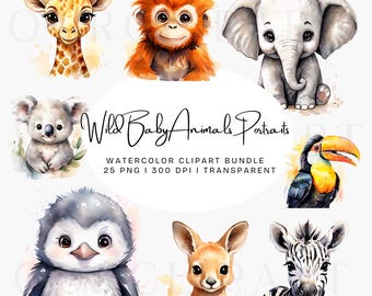 25 Watercolor Safari Friends Baby Portraits Clipart, Cute Animals Clipart, Baby Animals, Baby Shower Clipart, Safari Nursery, PNG.