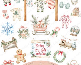 Christmas Baby Clipart, Baby Clothesline PNG Bundle, My First Christmas Watercolor Baby Shower Clipart