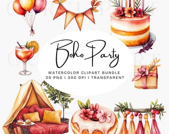 Watercolor Party Clipart Bundle, Boho Birthday Clipart, PNG, Balloons, Garland, Birthday Cake, Digital download, Junk journal, Invitation.