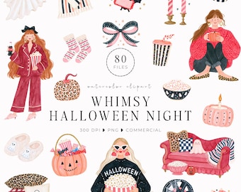 May include: A digital collection of 80 watercolor clipart files titled Whimsy Halloween Night, featuring illustrations of ghosts, pumpkins, people in pajamas, a pink sofa, candles, candy corn, socks, bows, and snacks in a pink and black color palette.