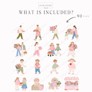 Whimsical Autumn Market watercolor clipart bundle featuring 90 PNG files with flower market stalls, farmers market stands, pumpkins, apples, pies, floral bouquets, trendy women, men and children, cozy storefronts, bakery, boutique, vintage truck, autumn trees, wreaths, floral frames, harvest baskets, and fall decorations on transparent backgrounds.