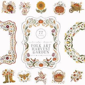Folkkonst Skörde Clipart Bundle, Höstramar & Kanter PNG, Cottagecore Höstdekor (Digital Nedladdning)