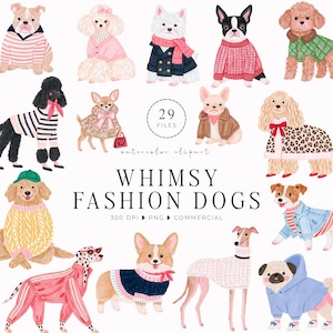 May include: A collection of watercolour illustrations featuring various dog breeds wearing colourful clothing and accessories. The text reads 29 FILES, watercolour clipart, WHIMSY FASHION DOGS, 300 DPI, PNG, COMMERCIAL. The dogs are depicted in jumpers, jackets, and scarves.