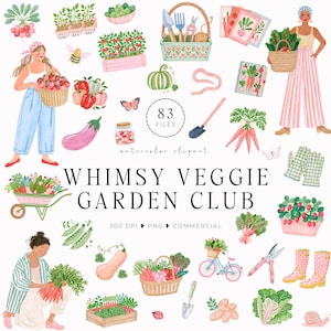 Könnte beinhalten: Eine Sammlung von Aquarellillustrationen mit Gartenelementen wie Personen, Gemüse, Blumen, Werkzeugen und Körben. Der Text lautet 83 FILES, watercolor clipart, WHIMSY VEGGIE GARDEN CLUB, 300 DPI, PNG, COMMERCIAL. Enthält Radieschen, Tomaten, Paprika und Karotten.