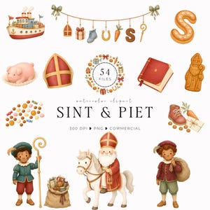 Op de afbeelding: Een verzameling aquarelillustraties met een stoomboot, een feestelijke slinger, een letter S, een varken, een mijter, een boek, een koekje, snoepjes, een schoen, een wortel, een cadeau, een figuur met een staf, een figuur op een wit paard en een figuur met een zak.