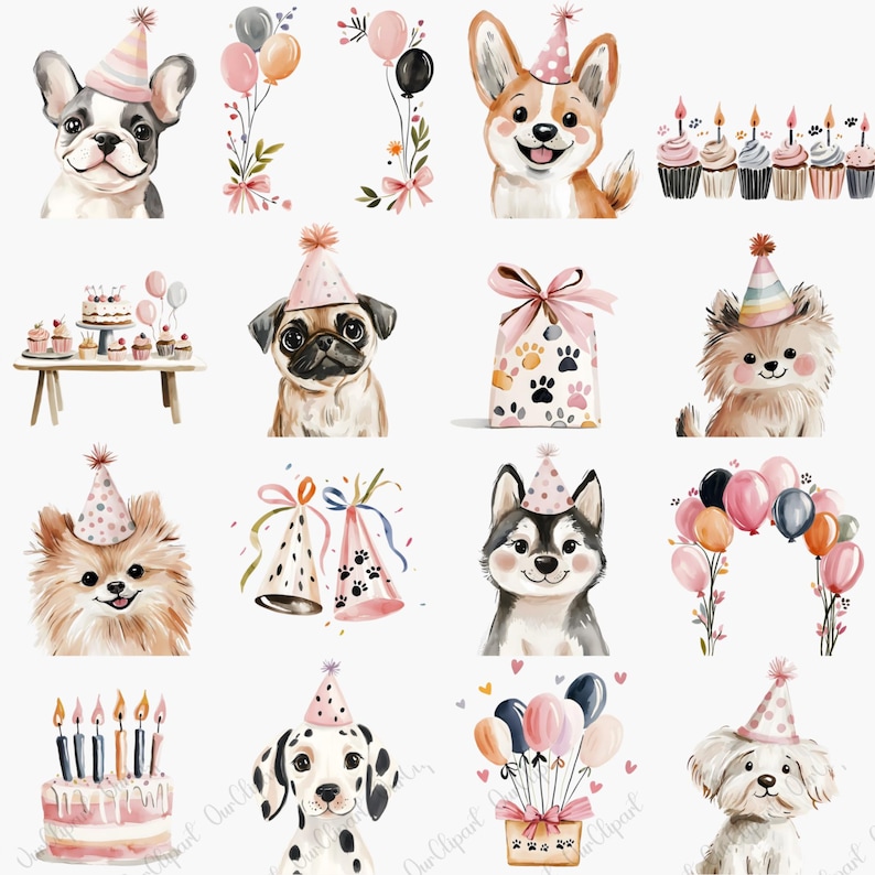 Dog Pawty Birthday Clipart Bundle – Cute Watercolor Dogs PNG, Party ...