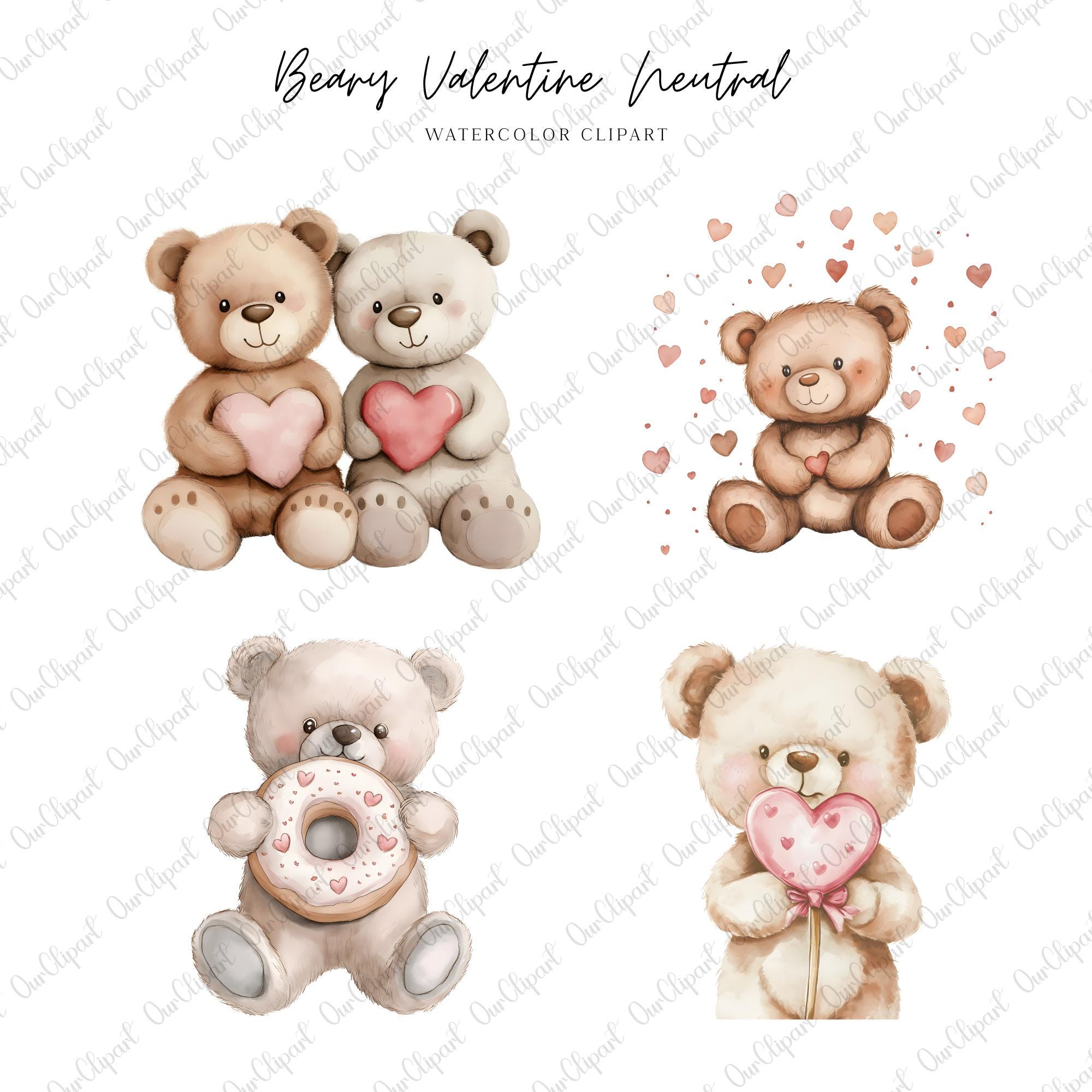 Valentine Teddy Bear Clipart Bundle – Heart Balloons & Watercolor Bears ...