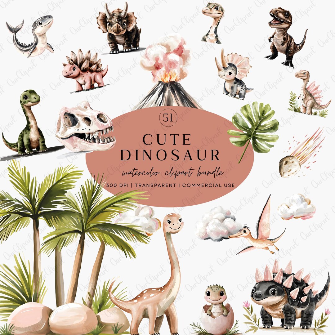 Cute Dinosaur Clipart Bundle – Watercolor Baby Shower & Nursery Decor ...