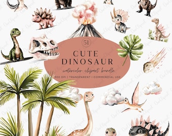 May include: A watercolor clipart bundle featuring various cute dinosaurs, a volcano, palm trees, and clouds. The text on the image reads "CUTE DINOSAUR watercolor clipart bundle". The image is labeled as 300 DPI and transparent for commercial use.