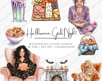 Halloween Girls Night Watercolor Clipart Bundle Halloween Snacks PNG Ghost Sublimation Design Cozy Fall Evening Pumpkin PNG Digital Download