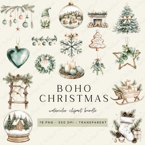 May include: A collection of watercolour Boho Christmas clipart elements. Includes baubles, a gnome, a snow globe, a Christmas tree, a wreath, candles, and a sled. The text "BOHO CHRISTMAS" is displayed in the centre of the image.