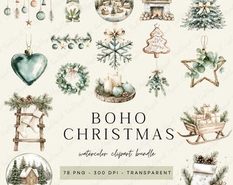 Boho Christmas Watercolor Clipart Bundle, Neutral Rustic PNG, Cozy Winter Hygge Ornaments & Christmas Tree Digital Download