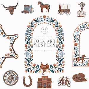 May include: A digital collection of western-themed watercolor illustrations including a longhorn skull, cowboy boots, a horse, a covered wagon, a windmill, a star-shaped frame, a floral arch, a saddle, a wagon wheel, a horseshoe, a building, and a hat.