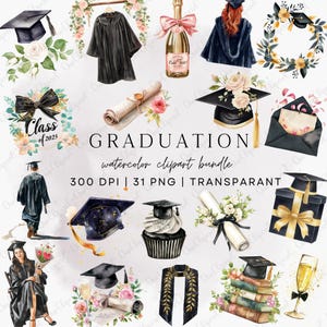 Watercolor Graduation Png Clipart, Graduation PNG Illustrations, Class of 2025, Cap Gown Diploma Flowers, Digital Download, Junk Journal