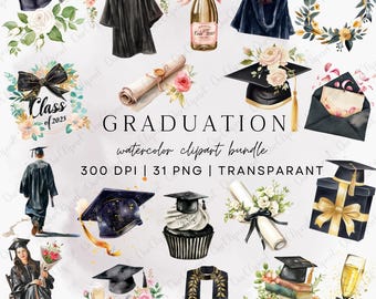 Watercolor Graduation Png Clipart, Graduation PNG Illustrations, Class of 2025, Cap Gown Diploma Flowers, Digital Download, Junk Journal