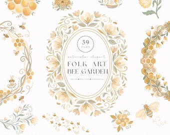 Folk Art Bee Clipart Bundle, Honey Bee Frames Borders & Whimsical PNG Collection, Digital Download